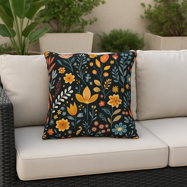 Decorative pillow with floral pattern on a beige outdoor sofa